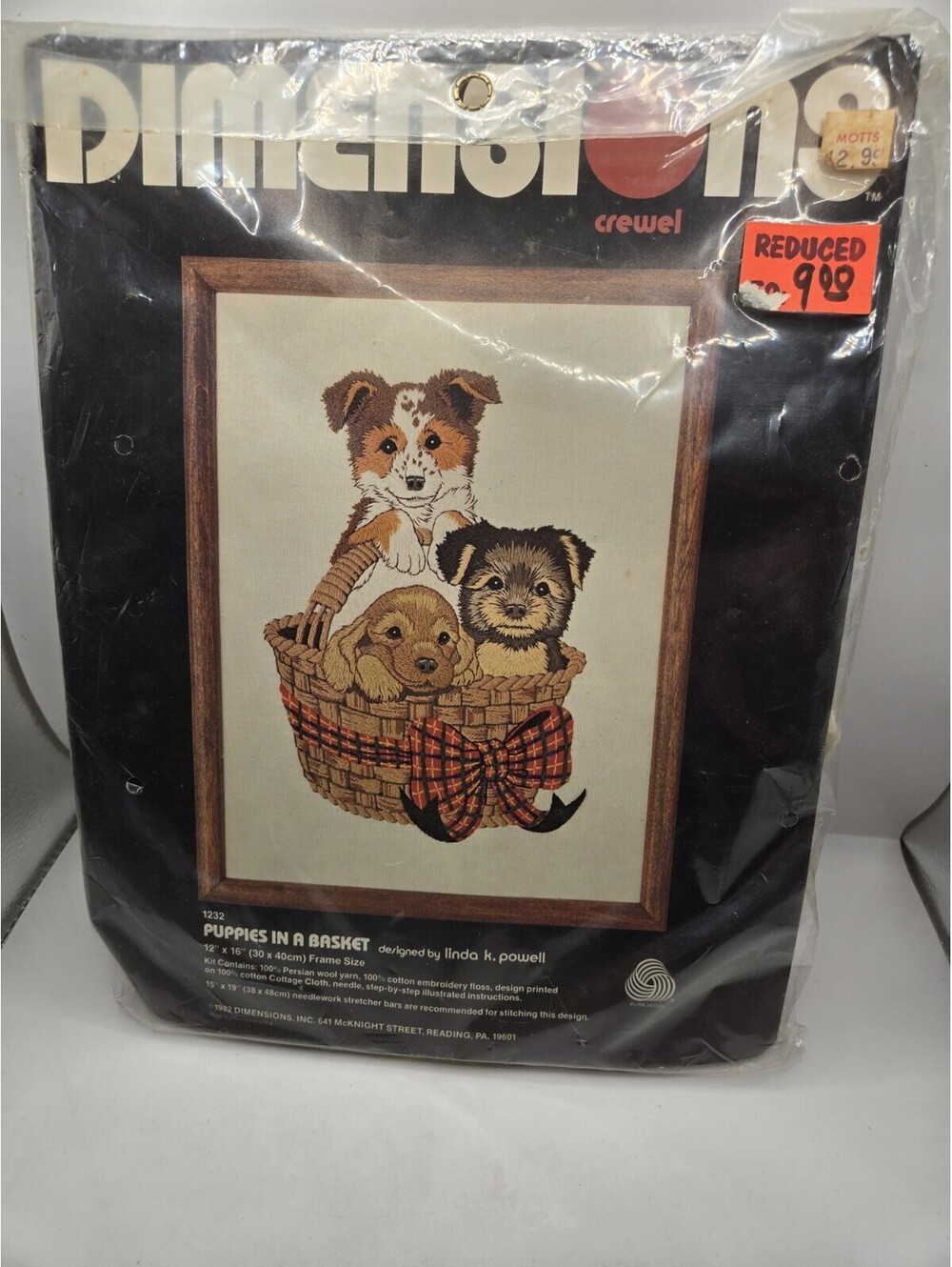 1982 Dimensions Crewel #1232 "Puppies in a Basket" 12' x 16" New Sealed